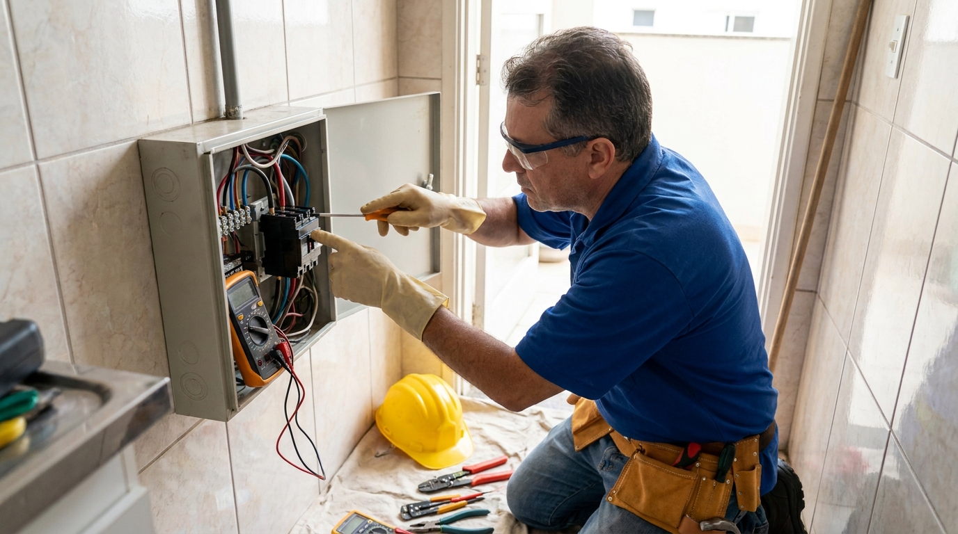 Eletricista instalando disjuntor em Praia Grande‑SP