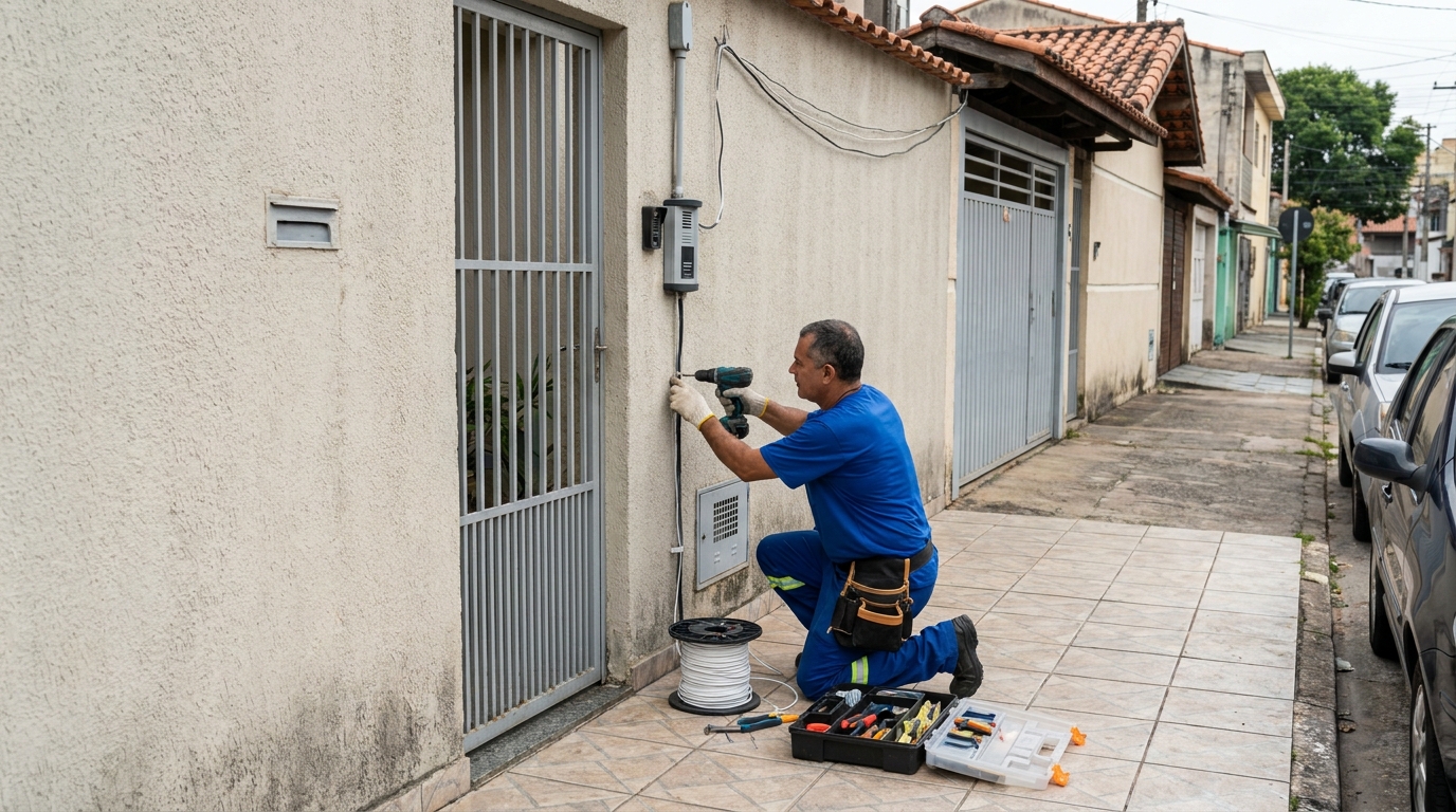 Eletricista instalando interfone em Praia Grande‑SP